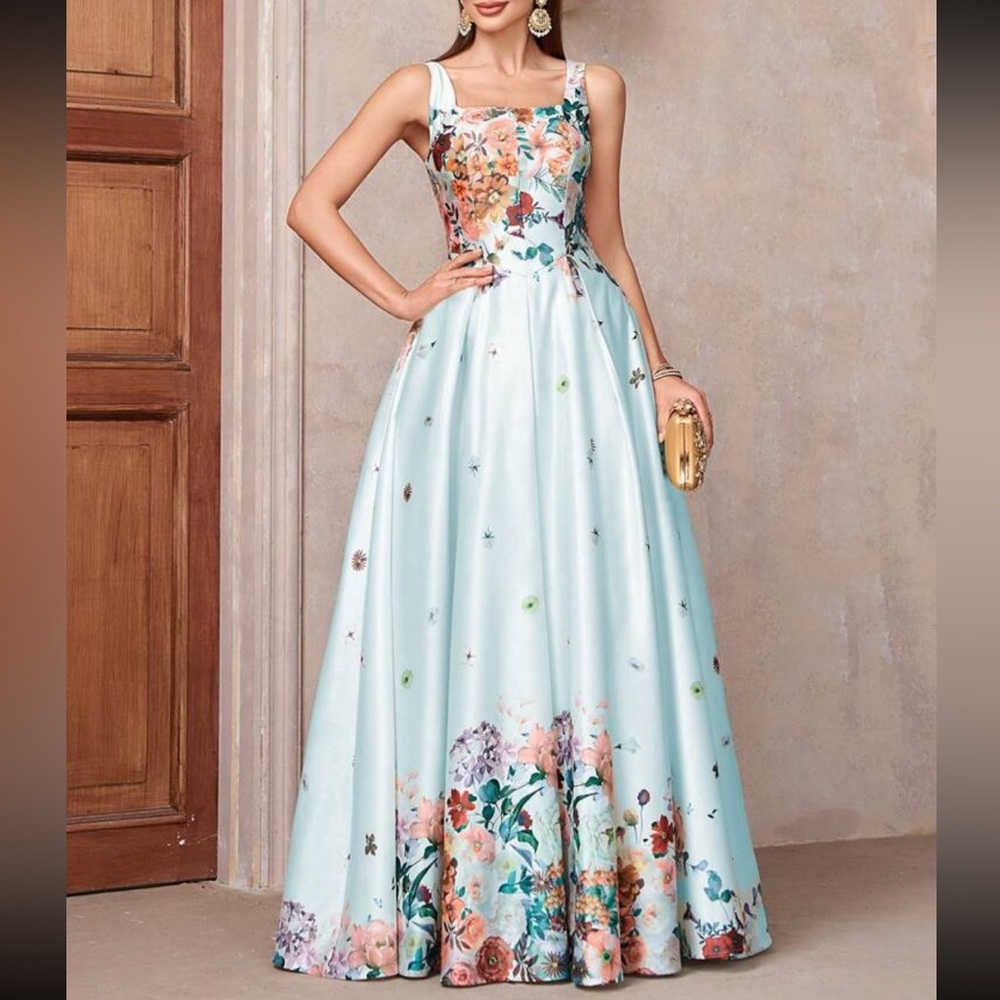 Luxe floral print square neck zip up back party portal gown dress